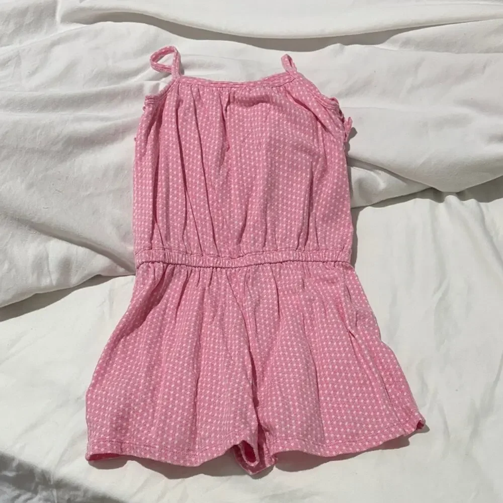 Harper Canyon 7 Charming Pink white dots Kids Romper ruffled neckline nwot